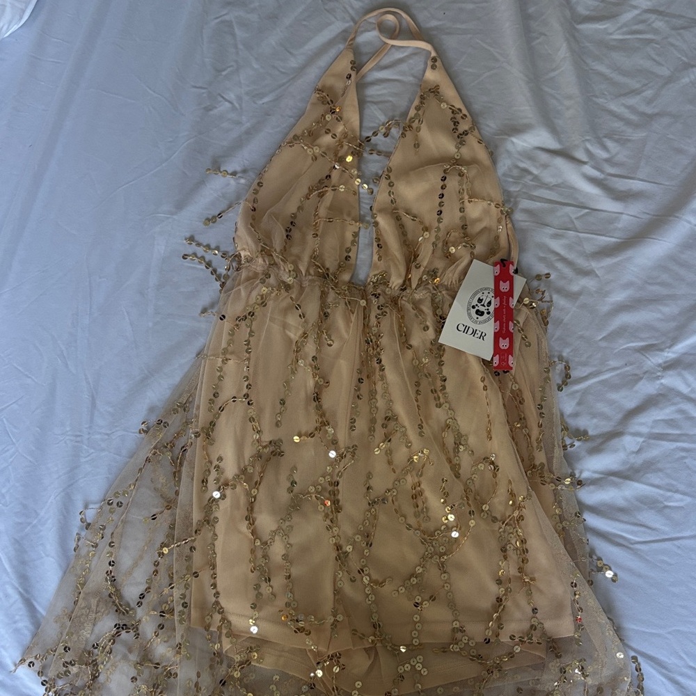 Chic Gold Sequin Halter Dress